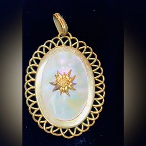 Vintage Victorian Mother Of Pearl Gold Tone Filigree Pendant